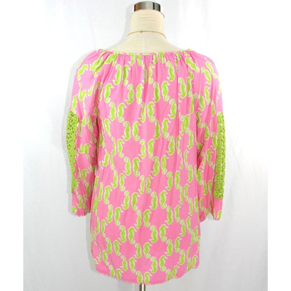 Crown & Ivy Small Seahorses Boho Poet's Blouse Tunic Top w Green Crochet Trim - Picture 4 of 9